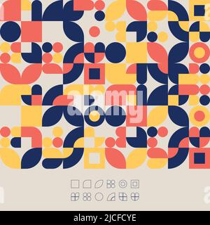 Bauhaus disegno astratto, sfondo geometrico, cerchio vettoriale, quadrato, triangolo e forma circolare. Motivo Bauhaus colorato, sfondo, poster Illustrazione Vettoriale