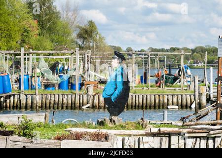 Germania, Schleswig-Holstein, Schleswig, Holm, quartiere storico dei pescatori, Schlei, jetty, figura di pesca Foto Stock
