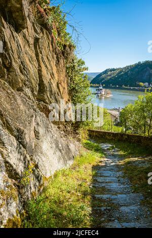 Gutenfels ripido sentiero a Kaub, sentiero dalla città fino al castello, vista del Pfalzgrafenstein in mezzo al Reno, Foto Stock