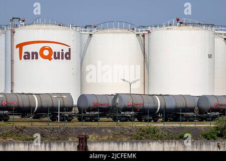 Duisburg, Renania settentrionale-Vestfalia, Germania - Porto di Duisburg, Duisburg Ruhrort, Isola petrolifera, TanQuid Tank Farm per prodotti petroliferi minerali, olio combustibile, prodotti chimici, prodotti petrolchimici, prodotti biogenici, Gas liquido. Foto Stock