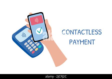 Pagamento senza contatto. Telefono a portata di mano. Acquista il pagamento tramite tecnologia NFC in smartphone e terminale POS. Comunicazione sul campo vicina. Pagamento senza contanti. Piatto Illustrazione Vettoriale