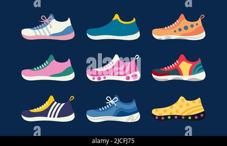Sneakers isolate. Set vettoriale di calzature sportive. Scarpe colorate per il fitness e l'attività quotidiana. Illustrazione di un oggetto piatto. Illustrazione Vettoriale