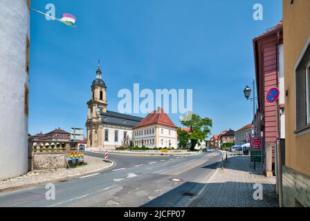 Mauritius chiesa, canonica, collina del castello, facciata della casa, architettura, Wiesentheid, Franconia, Baviera, Germania, Europa Foto Stock