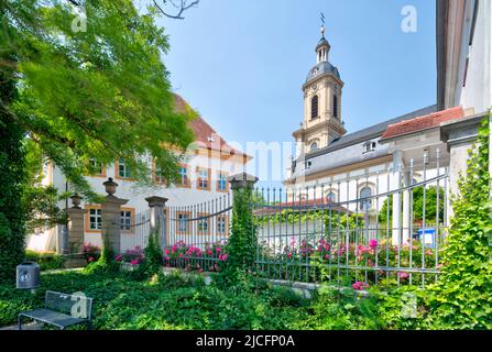 Mauritius chiesa, canonica, collina del castello, facciata della casa, architettura, Wiesentheid, Franconia, Baviera, Germania, Europa Foto Stock