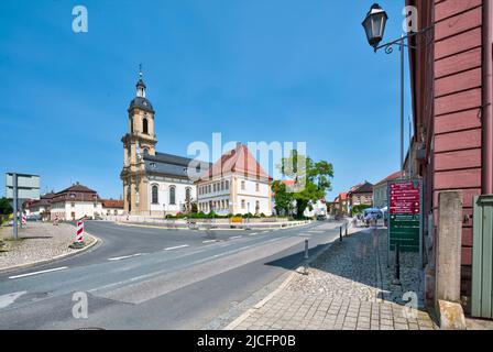 Mauritius chiesa, canonica, collina del castello, facciata della casa, architettura, Wiesentheid, Franconia, Baviera, Germania, Europa Foto Stock