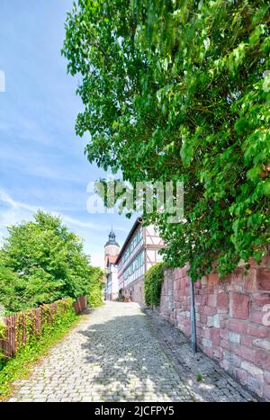 Chiesa di San Trinitatis, Kirchweg, facciata casa, a graticcio, vista villaggio, Estate, Wasungen, Turingia, Germania, Europa, Foto Stock