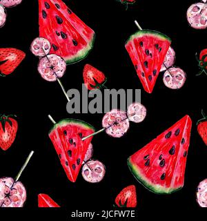 Acquerello disegnato a mano disegno colorato di un fettine di cocomero e lecca con fragole, frutta estate gelida, dolci, isolato su un blace Foto Stock