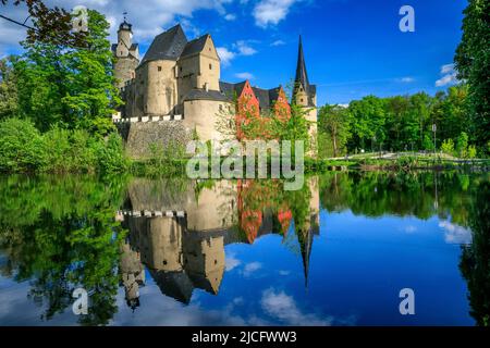 Castello di Stein a Hartenstein: Il Castello di Stein, noto anche come Castello di Stein, si trova a sud-est di Zwickau nel distretto di Hartenstein di Stein sulle rive rocciose dello Zwickauer Mulde. Foto Stock