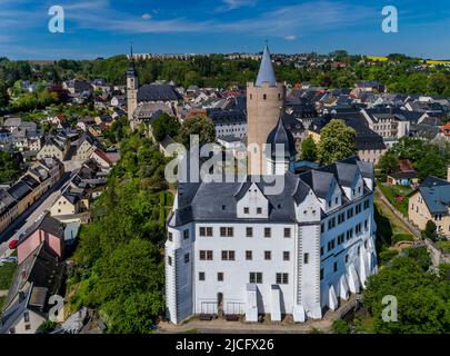 Wildeck Castello: La città vecchia di Zschopau con la sua pianta medievale è un edificio storico. Nella stragrande parte dell'edificio risale alla metà del 18th secolo dal momento della ricostruzione dopo l'ultimo incendio della città. Foto Stock