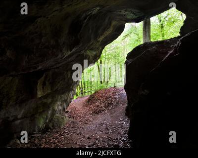 Europa, Germania, Assia, Assia Centrale, Westerwald, Hessian Westerwald, regione di Lahn-Dill, Geopark Westerwald-Lahn-Taunus, vista dalla grotta carsica "Große Steinkammer" vicino a Breitscheid sul sentiero Westerwaldsteig Foto Stock