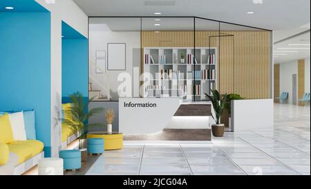 Moderna clinica medica o informazioni ospedaliere lobby design interno con banco informazioni, comodo divano, tavolino da caffè e piante interne. 3d rendering Foto Stock