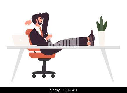 Uomo d'affari in poltrona e gambe sulla scrivania. Illustrazione vettoriale di un manager rilassante presso la workstation Illustrazione Vettoriale