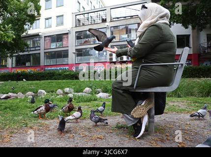 La vita quotidiana nel centro di Norrköping, Svezia, lunedì. Una donna nutre piccioni in un parco nel centro della città. Foto Stock