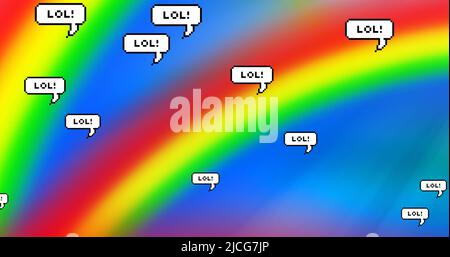 Immagine digitale di più bolle vocali con testo lol fluttuante sullo sfondo arcobaleno Foto Stock