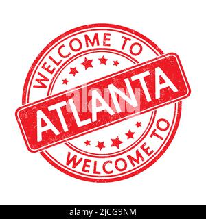 Benvenuto ad Atlanta. Impressione di un francobollo tondo con un puffo. Stile piatto Illustrazione Vettoriale