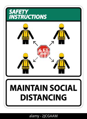 Istruzioni di sicurezza mantenere sociale distanziamento, rimanere 6ft segno di distanza, coronavirus COVID-19 segno isolare su sfondo bianco, illustrazione vettoriale EPS.10 Illustrazione Vettoriale