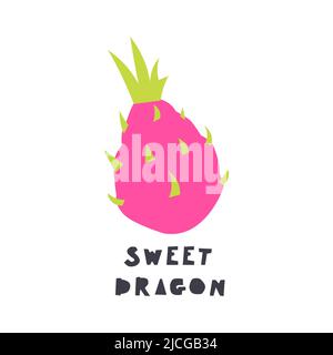 Carino illustrazione di pattaya o frutta del drago. Drago dolce scritta. Illustrazione vettoriale isolata su sfondo bianco. Illustrazione Vettoriale
