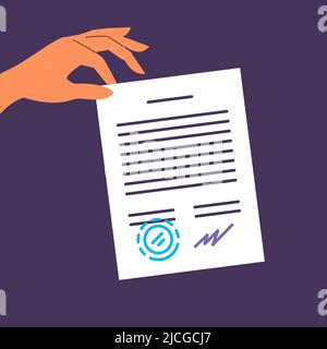 La mano tiene un documento di contratto di affari firmato cartaceo. Accordo di lavoro, eredità, testamento. Illustrazione del vettore isolato piatto Illustrazione Vettoriale