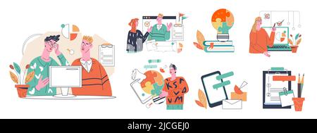 Insieme di scene di amministrazione e gestione aziendale, colleghi che lavorano insieme. Business marketing, analytics e banner di consulenza bundle per il web AN Illustrazione Vettoriale