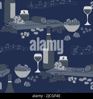 Motivo vettoriale senza cuciture con piatto di cibo e bottiglie di vino su sfondo viola. Carta da parati decorativa della cucina. Tessuto di moda rilassante. Illustrazione Vettoriale