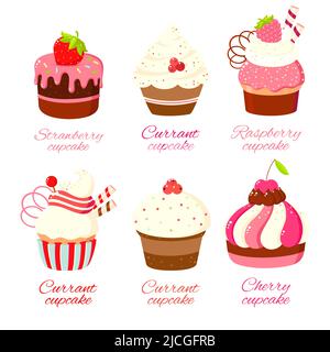 Set di dolci, muffin, cupcake. Collezione di personaggi dolci da dessert kawaii con viso sorridente e guance rosa per un design dolce. Vettore illustrati Illustrazione Vettoriale