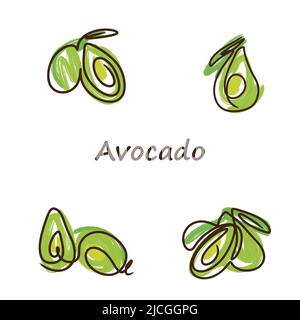 Set di avocado, disegno di linea, succosa, matura e deliziosa, colore verde, un paio di frutti, pittura acrilica, stile doodle Illustrazione Vettoriale