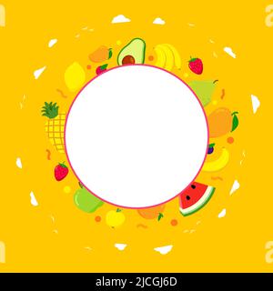 Cornice circolare con frutta fresca. Frutti di colore luminosi sono ananas, mango, anguria, banana, pera, illustrazione vettore fragola Illustrazione Vettoriale