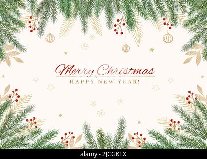 Biglietto di Natale con rami di abete e palle d'oro Foto Stock