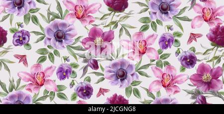Motivo floreale, raffigurante un orchidea, anemone, hellebore, pantie. Illustrazioni acquerello. Illustrazione di alta qualità Foto Stock