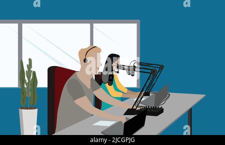 Un uomo e una donna sono nello studio che celebra International Podcast Day su copy space background. Illustrazione vettoriale piatta. Foto Stock