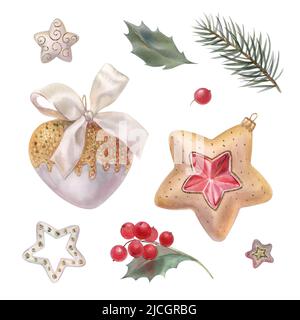 Set di Natale con oro, acquerello illustrazione. Stella d'oro, cuore con prua, bacche rosse e ramo di abete rosso, decorazioni per l'anno nuovo. Di alta qualità Foto Stock