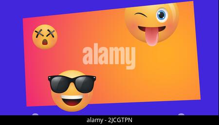 Immagine composita digitale di varie emoticon su etichetta arancione su sfondo blu Foto Stock