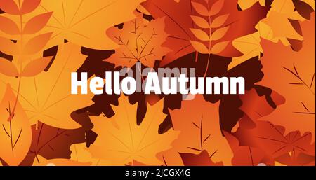 Immagine illustrativa delle foglie d'autunno secco arancione e marrone con testo d'autunno ciao, spazio per la copia Foto Stock