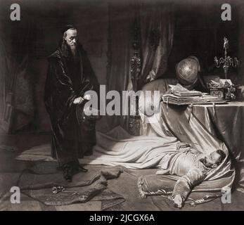 Albrecht Wenzel Eusebio von Wallenstein anche von Waldstein, 1583 – 1634 trovato morto dall'astrologo Seni. Wallenstein, politico boemo e leader militare nella Guerra dei Trent'anni, fu assassinato con l'approvazione del Sacro Romano Imperatore Ferdinando II Giovanni Battista Seni c. 1600 -1656. Astrologo e medico e astrologo italiano di Wallenstein. Dopo la pittura di Carl Theodor von Piloty. Foto Stock