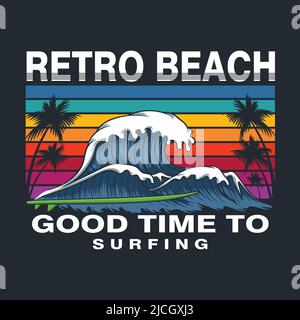Retro spiaggia mare onde surf vettore illustrazione Illustrazione Vettoriale