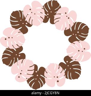 Cornice rotonda con un'immagine astratta di foglie di monstera esotiche in tonalità di tendenza. CopySpace. Modello per poster, cartolina, biglietto d'auguri, etichetta prezzo, banner. Stile di vita. Illustrazione Vettoriale