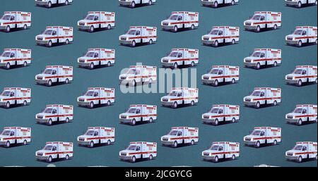 Inquadratura completa delle ambulanze su sfondo grigio Foto Stock