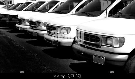 Fila di furgoni bianchi per la consegna di camion di carico trasporto e consegna per la vendita parcheggio auto Foto Stock