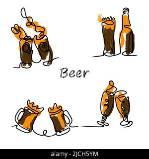 Set birra, disegno linea, colore marrone, bicchieri e tazze birra, bottiglia, schiuma birra, pittura acrilica, stile doodle Illustrazione Vettoriale
