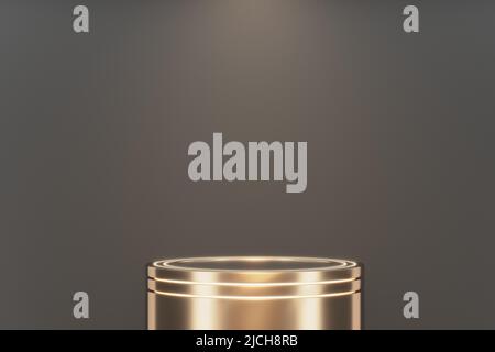 Podio d'oro per il tuo design. Palo cilindrico, tromba dorata, palco del museo, piedistallo del prodotto o podio. 3d rendering Foto Stock
