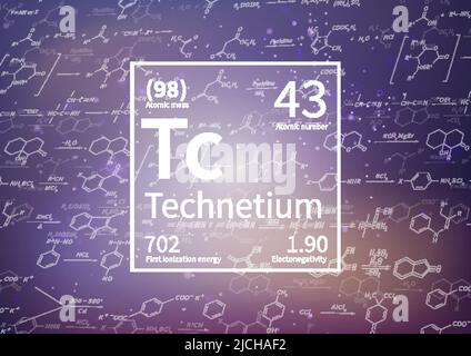 Elemento chimico tecnezio con prima energia di ionizzazione, massa atomica ed elettronegatività su sfondo scientifico Illustrazione Vettoriale