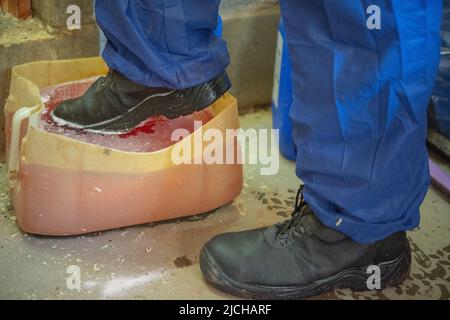 Stivali da immersione in disinfettante all'ingresso del capannone per pollame, Galles, Regno Unito Foto Stock