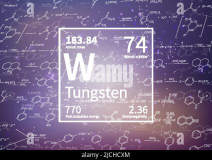 Elemento chimico del tungsteno con prima energia di ionizzazione, massa atomica ed elettronegatività su sfondo scientifico Illustrazione Vettoriale