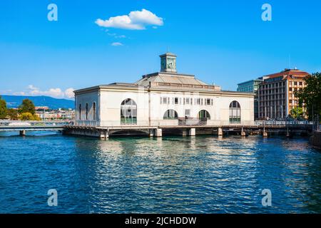 Pont de la Machine o Arcade des Arts è un edificio storico sul ponte attraverso il Rodano nella città di Ginevra in Svizzera Foto Stock