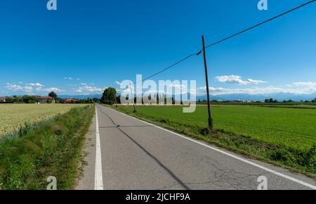 Strada di campagna con linea telefonica con pali in legno su cielo blu, campagna della pianura della provincia di Cuneo, Italia Foto Stock