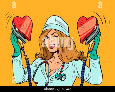 Defibrillatore. L'infermiere risuscita il cuore. Amore romanticismo, San Valentino simbolo Illustrazione Vettoriale