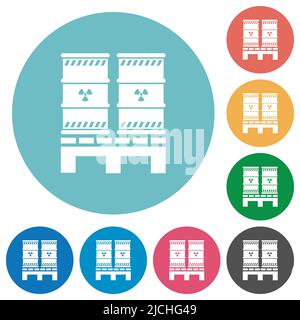 Pallet con residui radioattivi, icone bianche piatte su sfondi tondi Illustrazione Vettoriale
