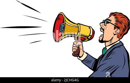 uomo con altoparlante megaphone corno. pubblicità annuncio pianto informazioni concetto Illustrazione Vettoriale