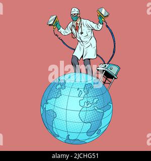 Il medico risospora il pianeta Terra con una scarica elettrica del defibrillatore. Ecologia e politica, salute. Pandemia ed epidemia Illustrazione Vettoriale
