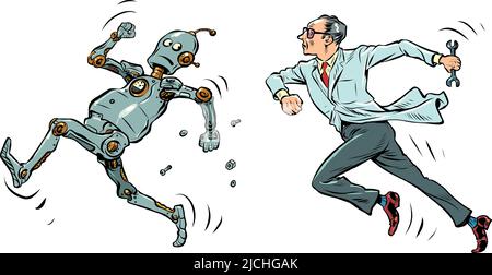 Il robot si allontana dall'uomo scienziato. Intelligenza artificiale e concetto di persone. Lab Escape Illustrazione Vettoriale